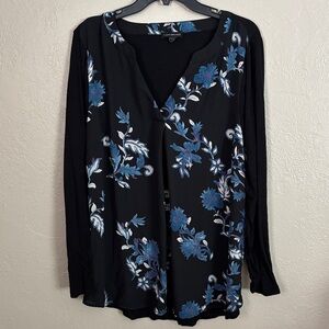 Lane Bryant Long Sleeve Top Black Blue Floral Print V-Neck Women's 18/20 2X